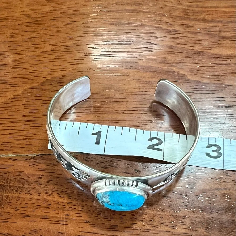 Sterling Silver & Turquoise Cabochon Overlay Cuff Bracelet - Picture 4 of 16